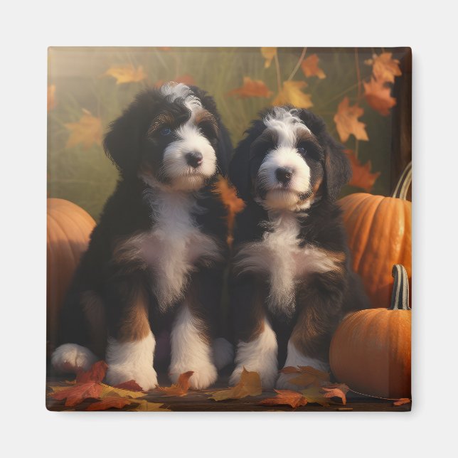 Bernedoodle Puppy Autumn Delight Pumpkin Magnet (Framsidan)