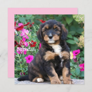 Bernedoodle puppy in petunias Birthday Card