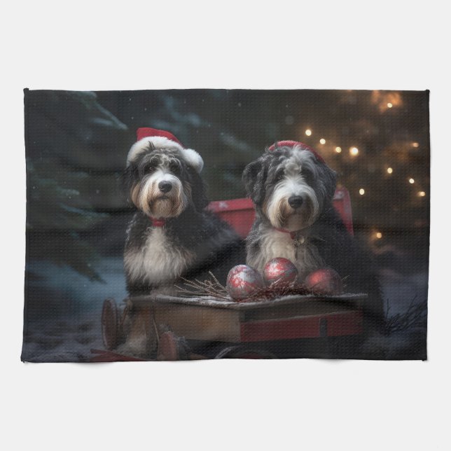 Bernedoodle Snöig släde juldekoration   Kökshandduk (Horisontell)