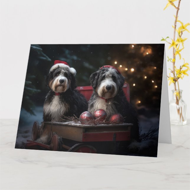 Bernedoodle Snöig släde juldekoration   Kort (Gul blomma)