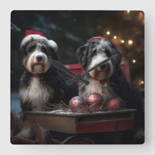 Bernedoodle Snowy Sleigh-juldekretet Fyrkantig Klocka