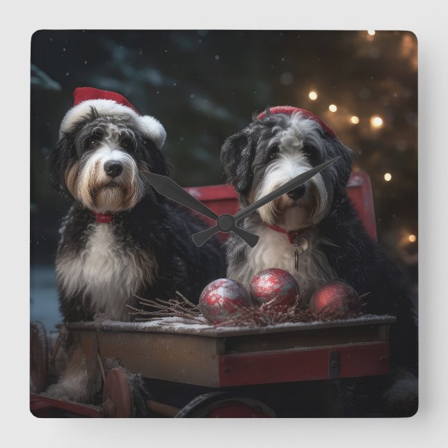 Bernedoodle Snowy Sleigh-juldekretet Fyrkantig Klocka (Framsida)