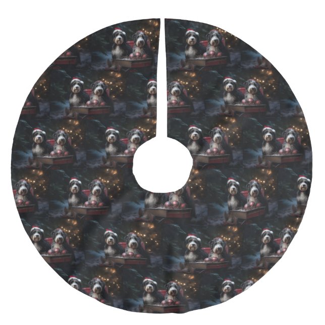 Bernedoodle Snowy Sleigh-juldekretet Julgransmatta Borstad Polyester (Framsidan)