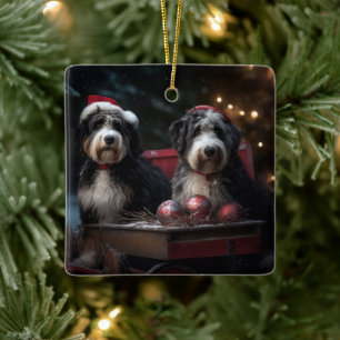 Bernedoodle Snowy Sleigh-juldekretet Julgransprydnad Keramik