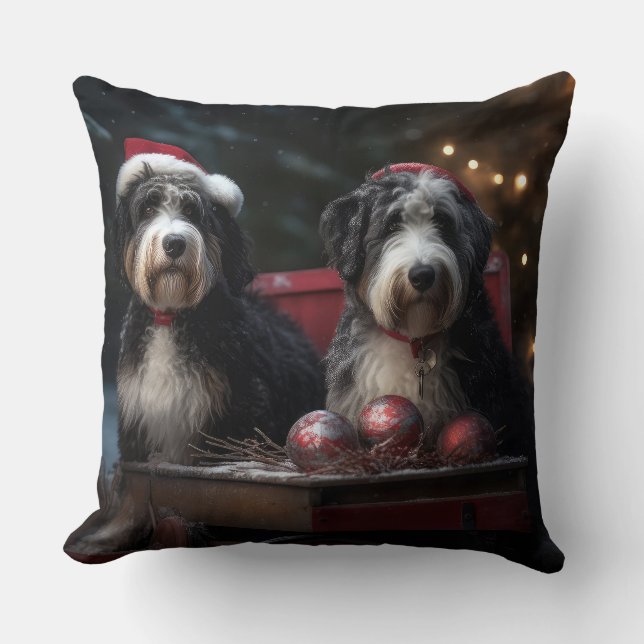 Bernedoodle Snowy Sleigh-juldekretet Kudde (Framsida)