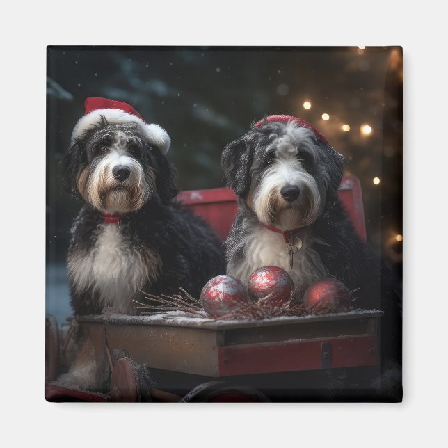 Bernedoodle Snowy Sleigh-juldekretet Magnet (Framsidan)