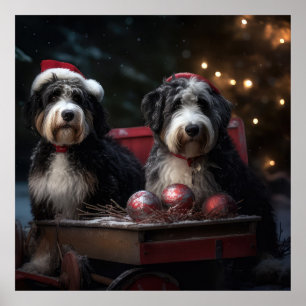 Bernedoodle Snowy Sleigh-juldekretet Poster