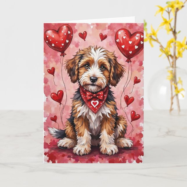 Bernedoodle Valentine Dog Sitting with Hearts Red Kort (Gul blomma)