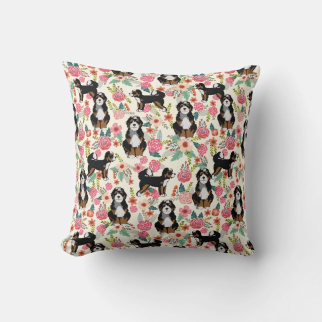 Bernedoodle Vintage Blommigt Hund Kudde (Framsida)