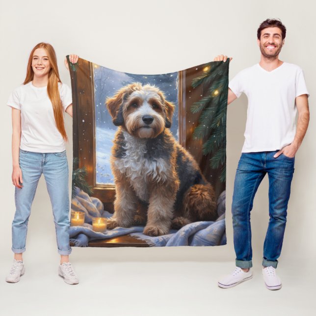 bernedoodle With Christmas Lights Holiday Fleecefilt (På plats)