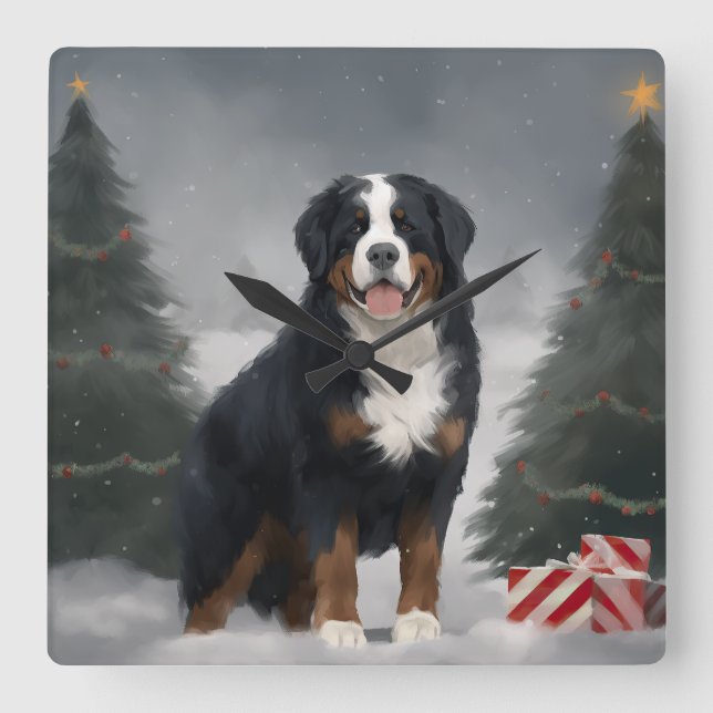 Berner Sennenhund i snö jul Fyrkantig Klocka (Framsida)