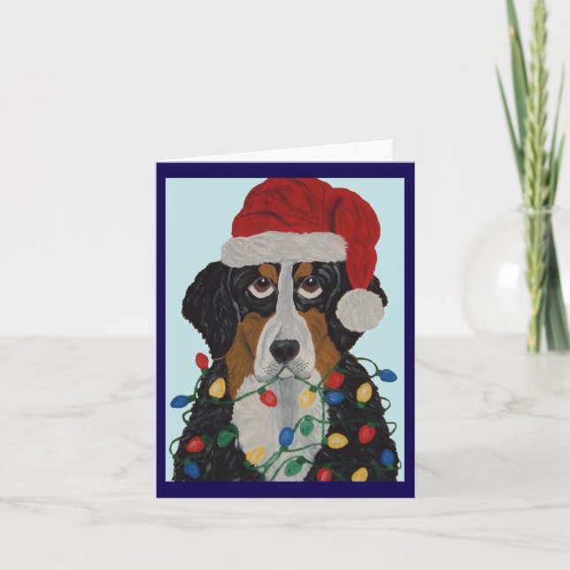  Berner Sennenhund intrasslad i julgransbelysning  Inbjudan (Framsida)