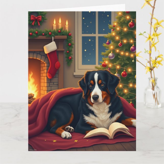Berner Sennenhund Jul Sänghistoria Kort (Gul blomma)