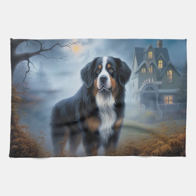 Bernersbergshund Halloween Skräckinjagande Kökshandduk (Horisontell)