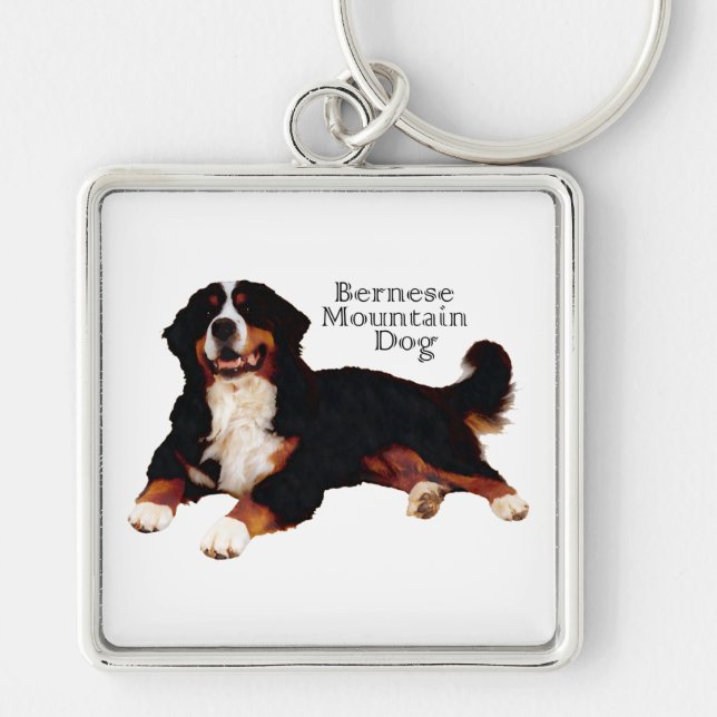 Bernersennenhund Fyrkantig Silverfärgad Nyckelring (Framsidan)