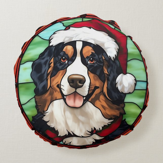 Bernersennenhund Glasmålning Jul Rund Kudde (Baksidan)
