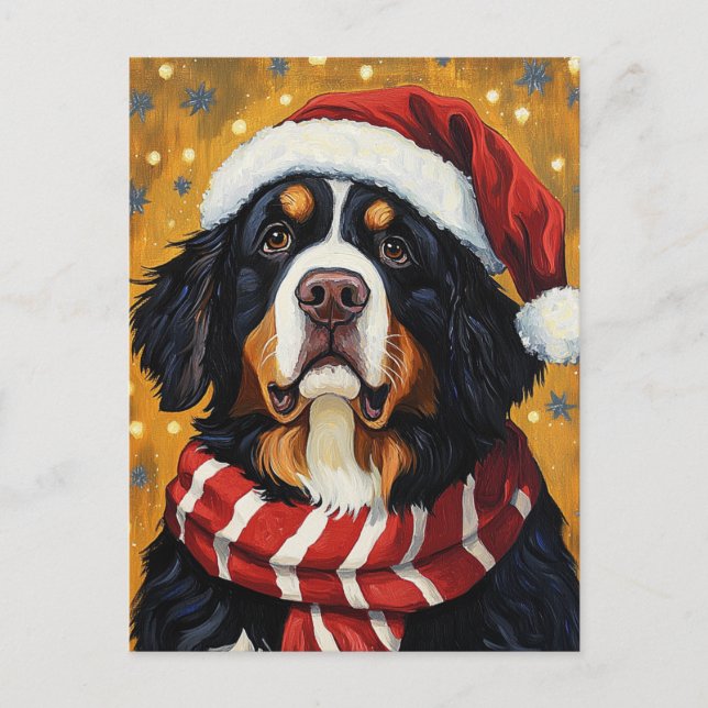 Bernersennenhund med tomteluva firar jul vykort (Framsida)