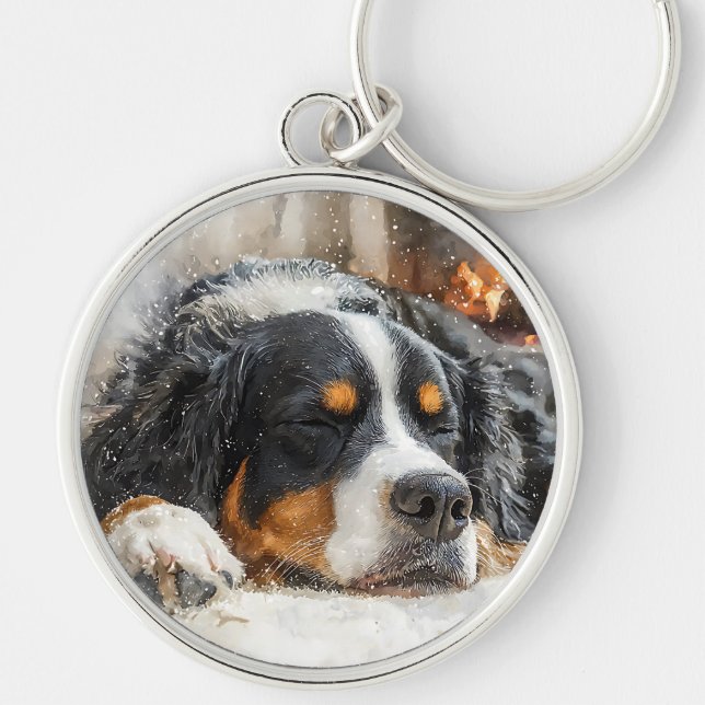 Bernersennenhund Rund Silverfärgad Nyckelring (Framsidan)