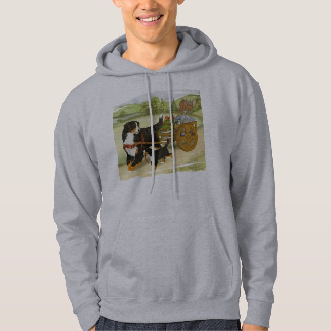 Bernese berghund och valp med vagnen sweatshirt med luva (Framsida)