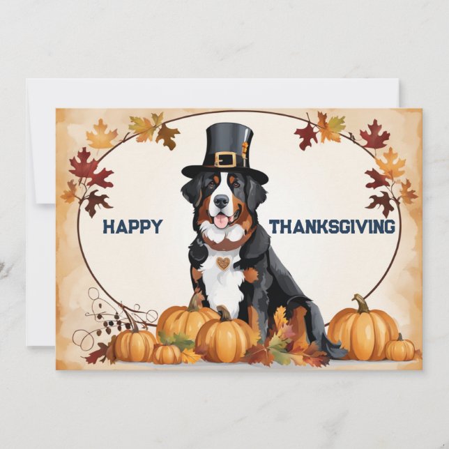Bernese Hund With Pilgrim Hat Happy thanksgiving Julkort (Framsida)