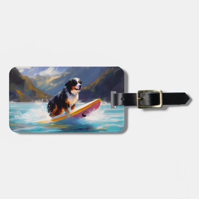 Bernese Mountain Beach Surfing Painting Bagagebricka (Horisontell Framsida)
