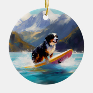 Bernese Mountain Beach Surfing Painting Julgransprydnad Keramik