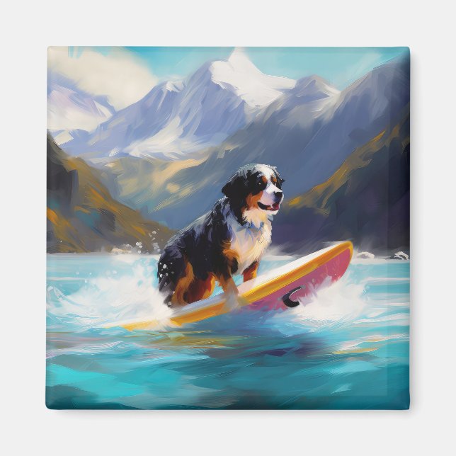 Bernese Mountain Beach Surfing Painting Magnet (Framsidan)