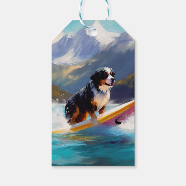 Bernese Mountain Beach Surfing Painting Presentetikett (Framsidan)