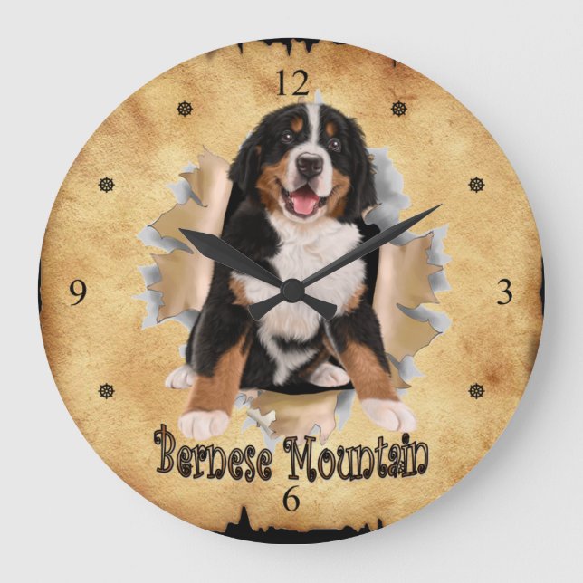 Bernese Mountain bryter igenom Papprare Bag Clock! Stor Klocka (Framsida)