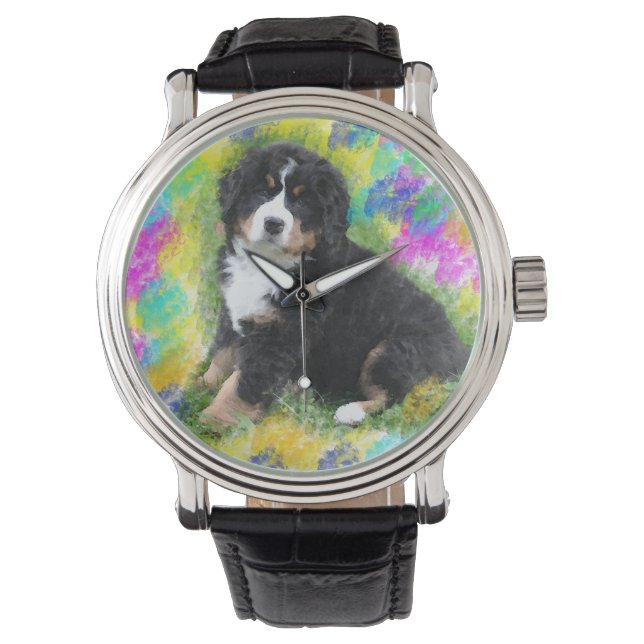 Bernese Mountain Dog Akvarell Konst Måleri Armbandsur (Framsida)