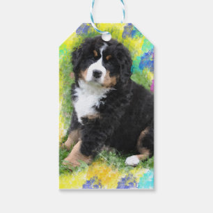 Bernese Mountain Dog Akvarell Konst Måleri Presentetikett