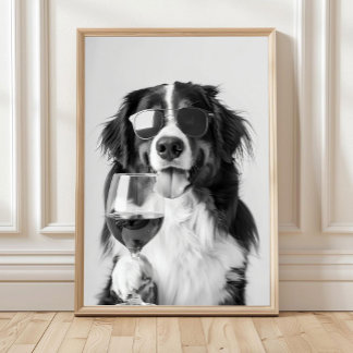 Bernese Mountain Dog and Wine Wall Art, Black and  Poster