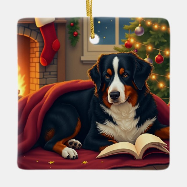 Bernese Mountain Dog Christmas Bedtime Story Julgransprydnad Keramik (Framsida)