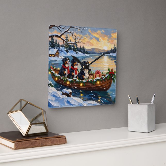 Bernese Mountain Dog Christmas Boat Holiday Fyrkantig Klocka (Kontor)