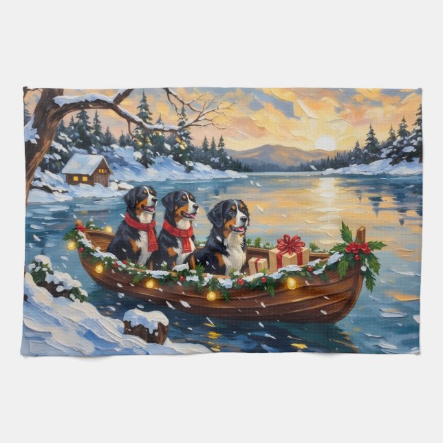 Bernese Mountain Dog Christmas Boat Holiday Kökshandduk (Horisontell)