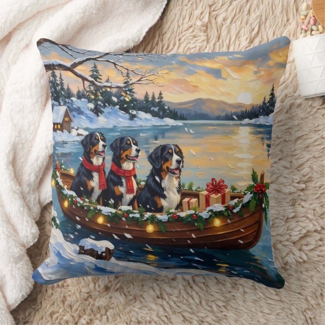 Bernese Mountain Dog Christmas Boat Holiday Kudde (Filt)