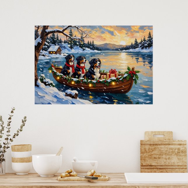 Bernese Mountain Dog Christmas Boat Holiday Poster (Kök)
