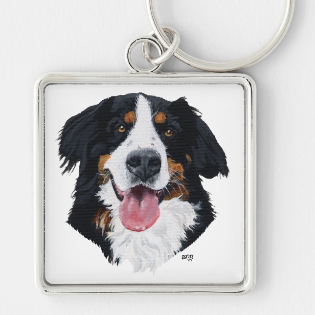 Bernese Mountain Dog Fyrkantig Silverfärgad Nyckelring (Framsidan)