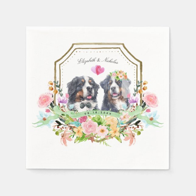 Bernese Mountain Dog | Guld Blommig Bröllopsvapen Pappersservett (Framsidan)