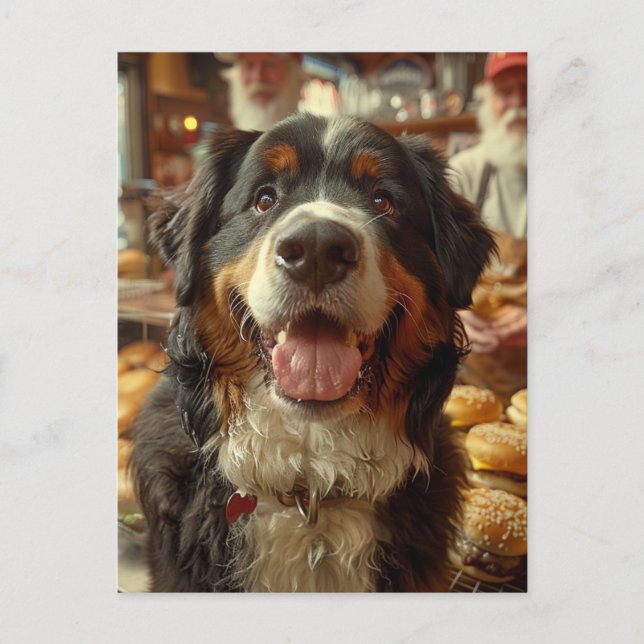 Bernese Mountain Dog i Cheeseburgerbutiken Vykort (Framsida)