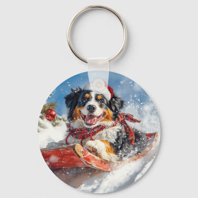 Bernese Mountain Dog i släde jul Nyckelring (Framsida)