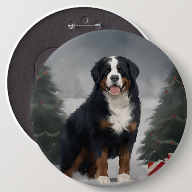 Bernese Mountain Dog i snö jul  Knapp (Framsida & baksida)