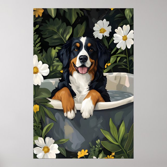 Bernese Mountain Dog In Bathtub Poster, Funny Dog Poster (Framsidan)