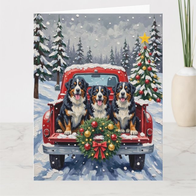 Bernese Mountain Dog jul röd lastbil högtid Kort (Framsida)