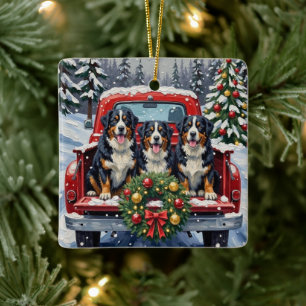 Bernese Mountain Dog Jul Röd Lastbil Holiday Julgransprydnad Keramik
