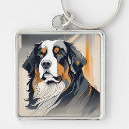 Bernese Mountain Dog Key Chain Fyrkantig Silverfärgad Nyckelring