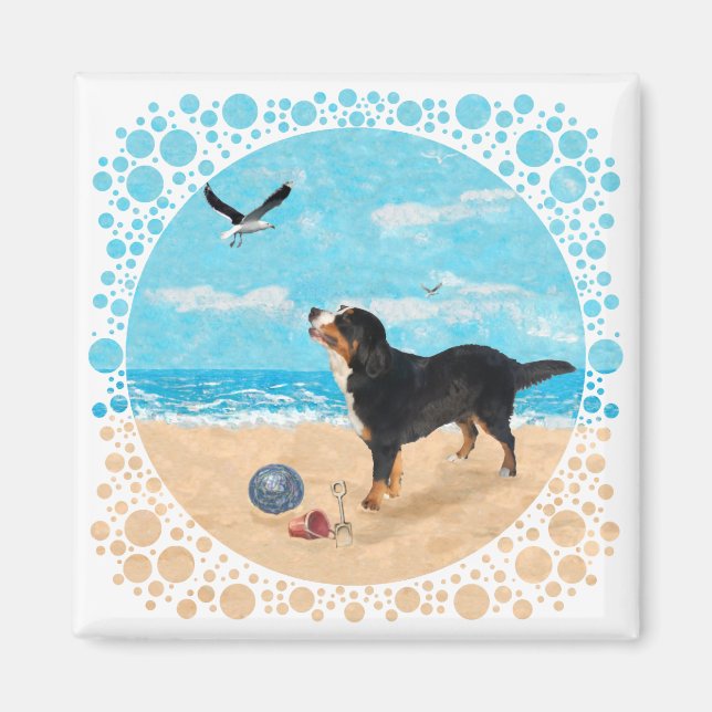 Bernese Mountain Dog på stranden Magnet (Framsidan)