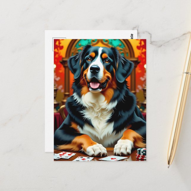 Bernese Mountain Dog playing Poker Vykort (Fram/Back In Situ)