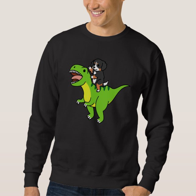 Bernese Mountain Dog Ridning Rex Dinosaur Hund Lång Ärmad Tröja (Framsida)