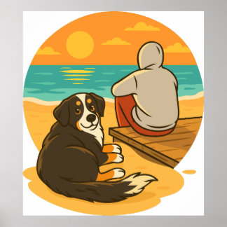 Bernese Mountain Dog Solnedgång Strand Kamrat Poster